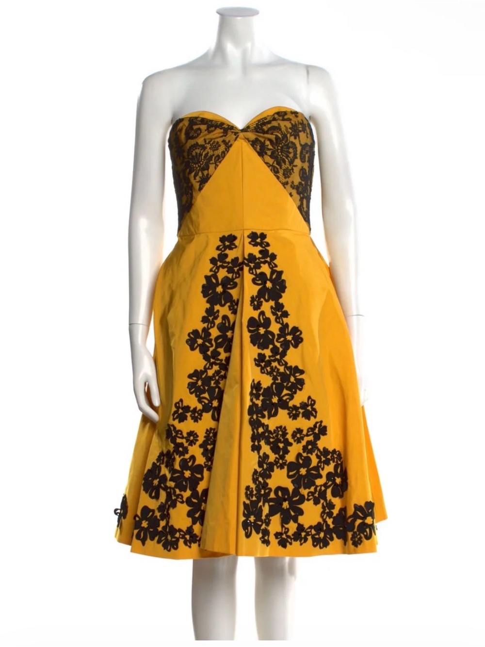 Oscar de la Renta Strapless Yellow Dress with Black Floral Appliqué